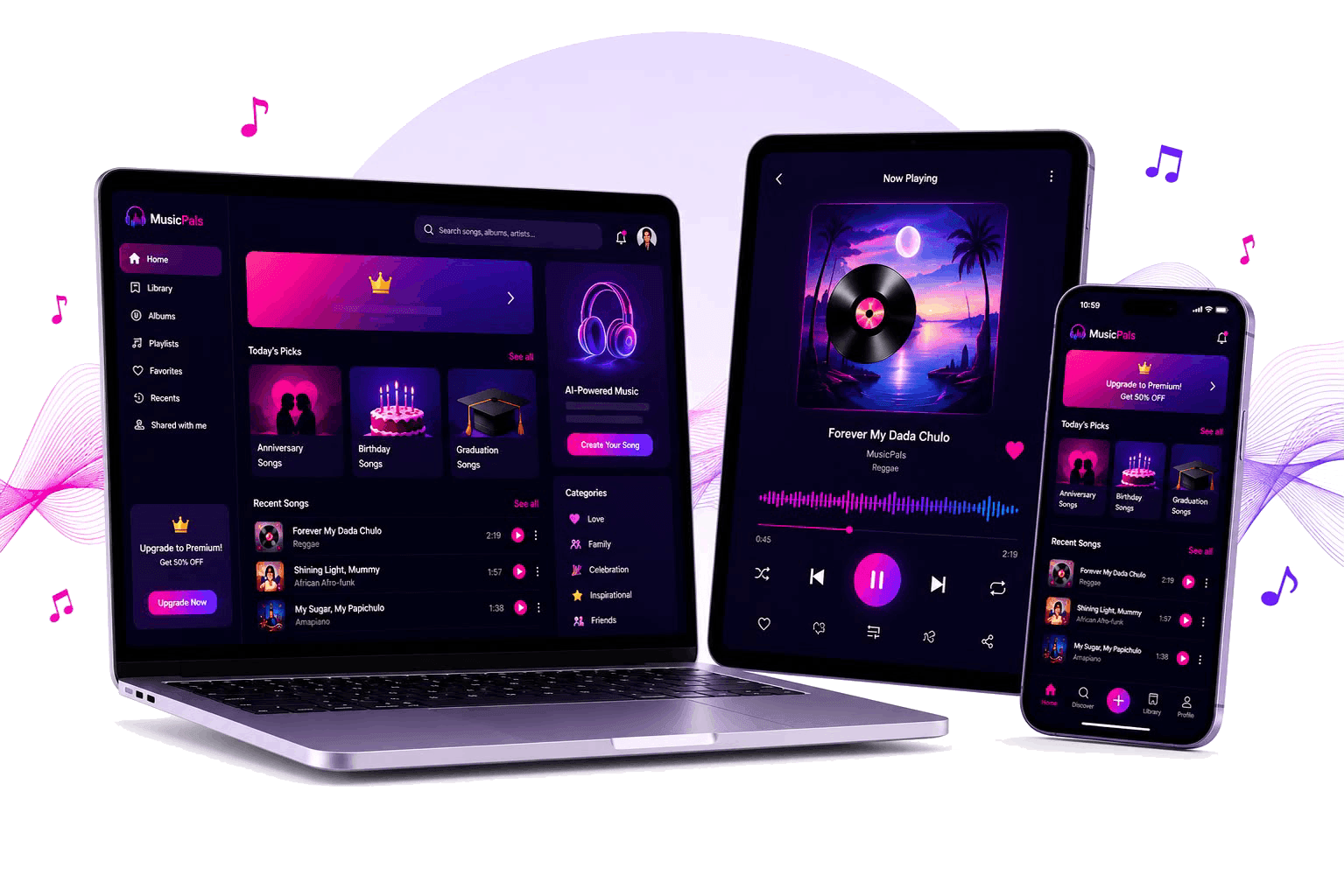 MusicPals on laptop, tablet and phone