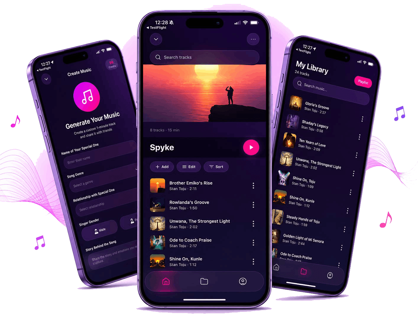 MusicPals app shown on three phones